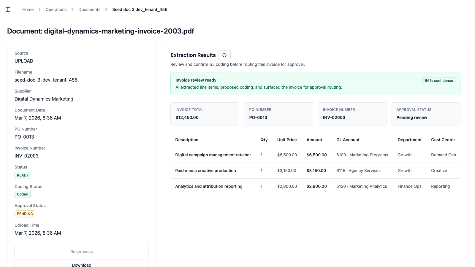 Aequo AP invoice review screen showing extracted fields, coding, and line items