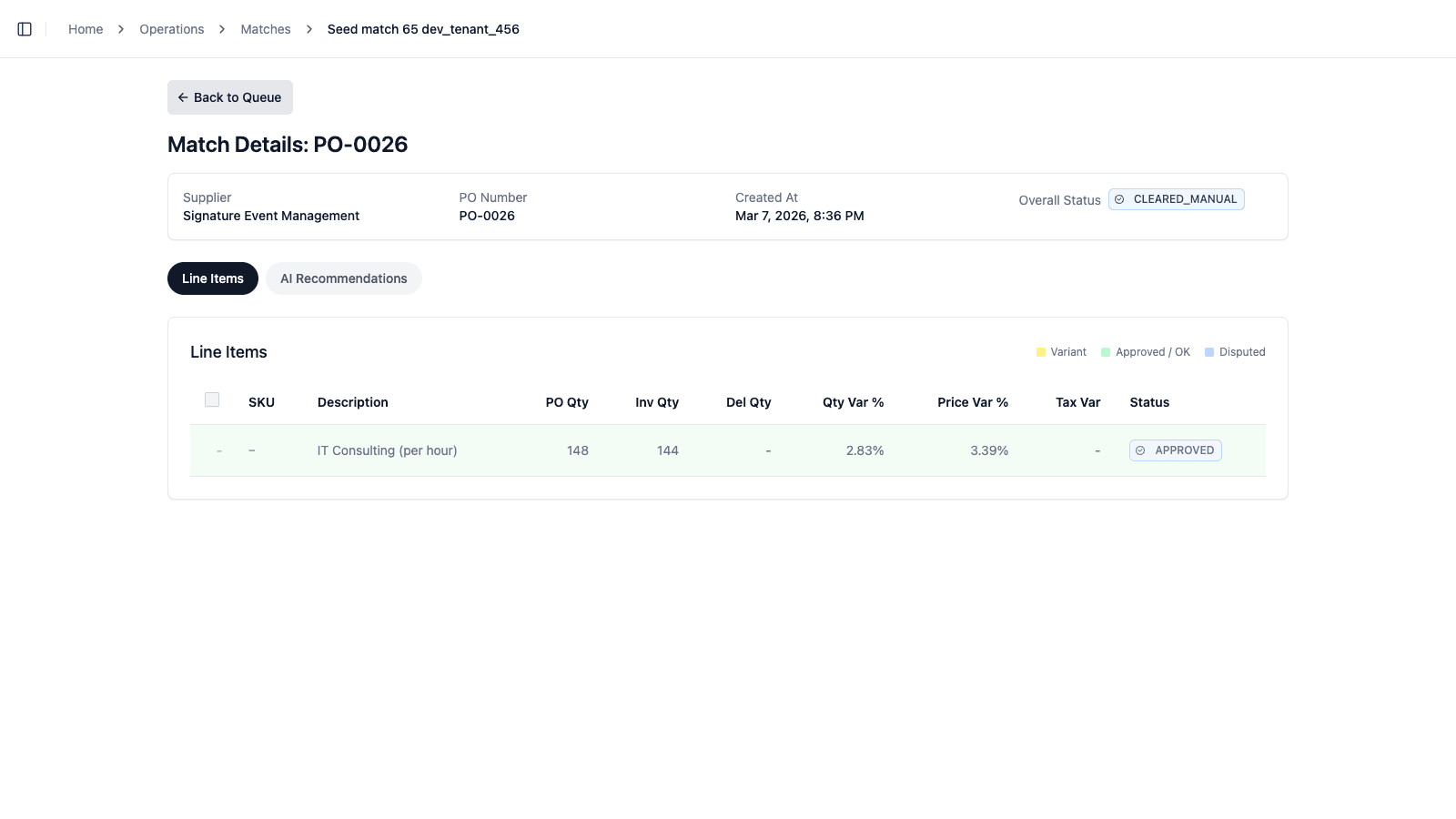 Aequo AP exception management view showing approval context and resolution workflow