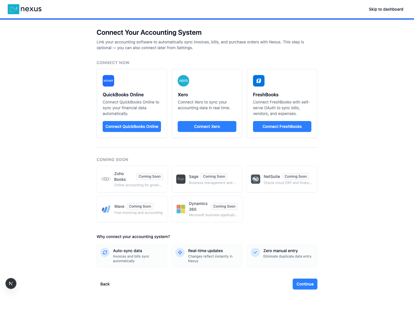 Aequo onboarding screen showing FreshBooks as a connectable accounting system